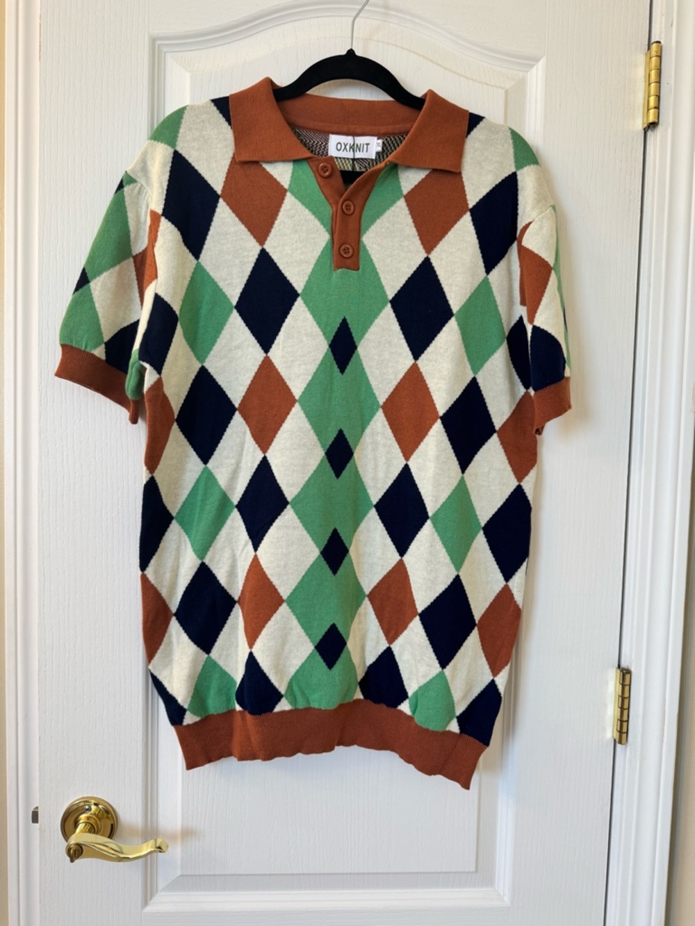 OXKNIT Men’s XL Argyle Knit Polo Sweater 100% Cotton NWT